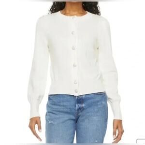 Ryegrass Cashmere Blend Cardigan Sweater Jeweled Buttons Rhinestone Cream White